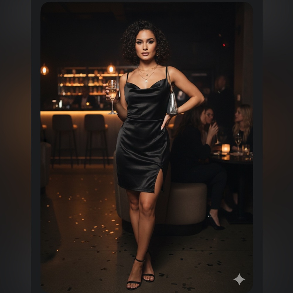 Forever 21 Black Satin Stretch Cowl Neck Mini Dress with Arc Slit
